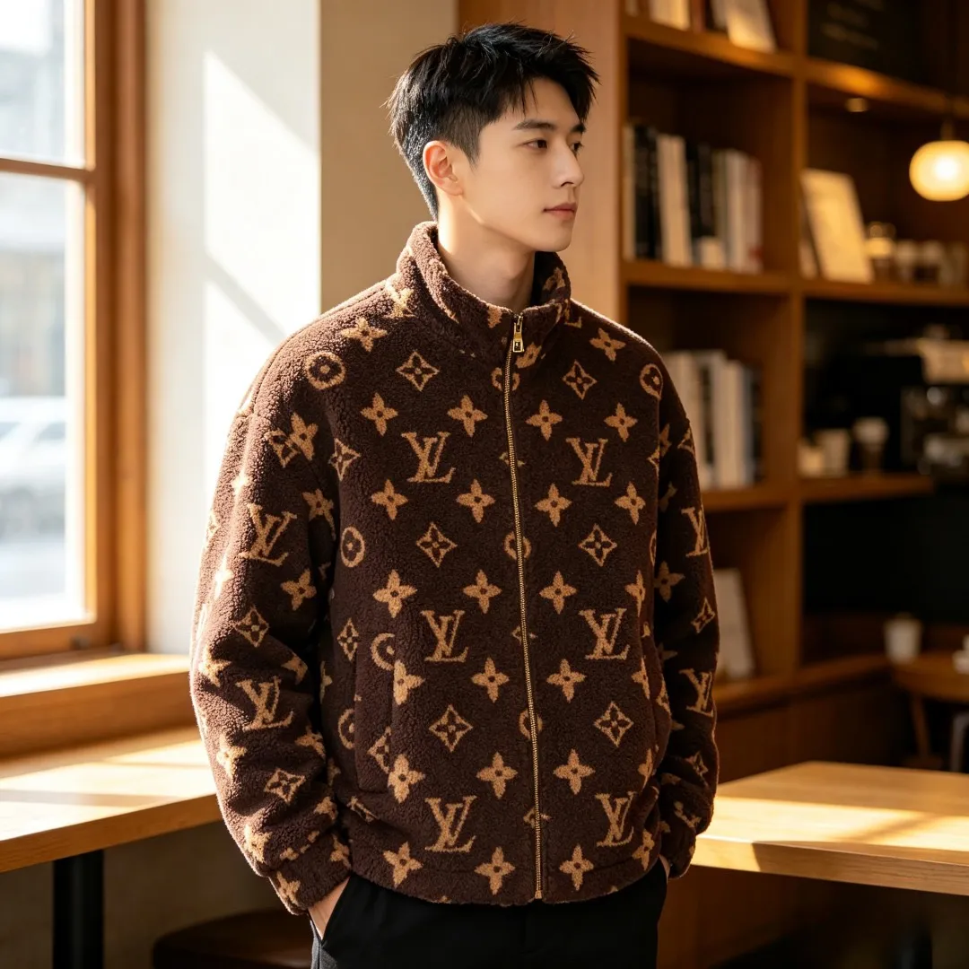 Louis Vuitton/Louis Vuitton dark brown all-over printed old flower Teddy polar fleece stand-up collar jacket